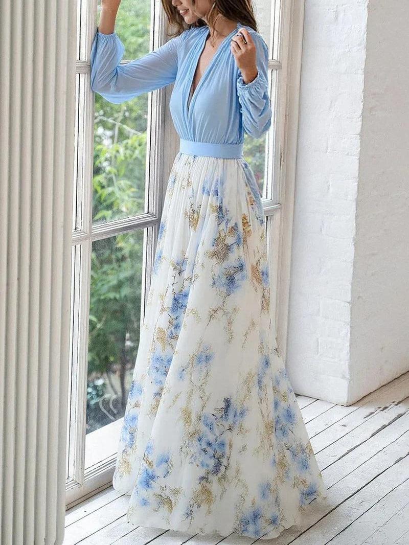 Meraviglioso Abito Maxy a V con Motivo Floreale