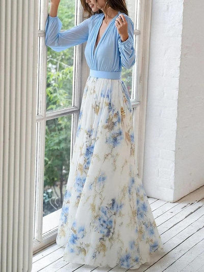 Meraviglioso Abito Maxy a V con Motivo Floreale