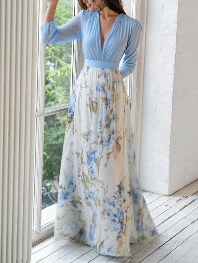 Meraviglioso Abito Maxy a V con Motivo Floreale
