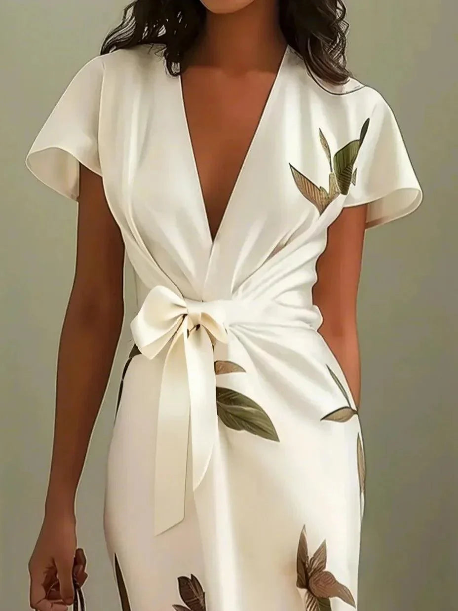 Abito Midi Avvolgente in Satin Bianco a Maniche Corte