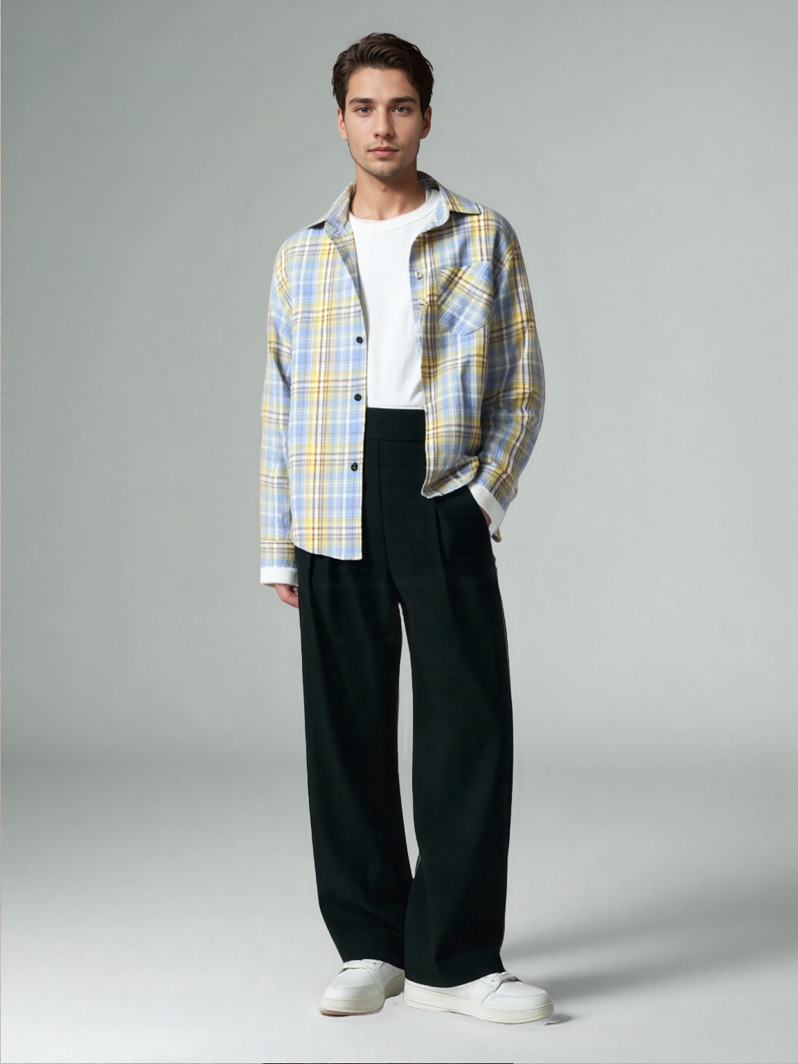 Bram - Primavera Autunno Motivo a Quadri Camicia Lunga Manica Collo Uomini
