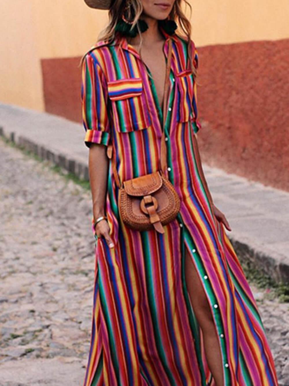Gonna Maxi Camicia Stampata a Righe Casual