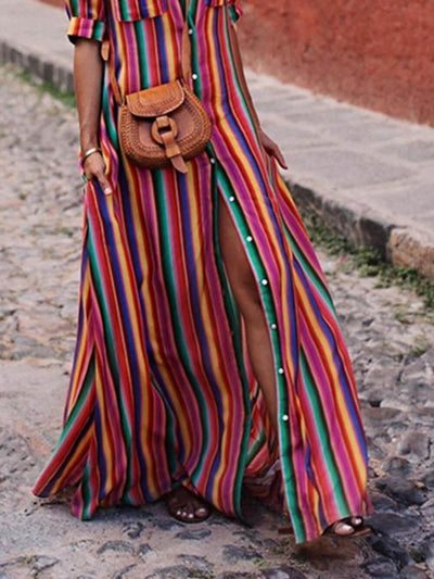 Gonna Maxi Camicia Stampata a Righe Casual