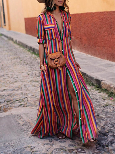 Gonna Maxi Camicia Stampata a Righe Casual