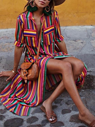 Gonna Maxi Camicia Stampata a Righe Casual