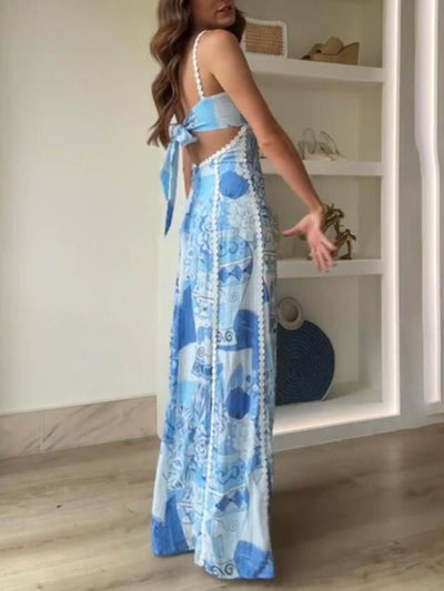Abito Maxi Flare con Spalline in Pizzo e Stampa Patchwork