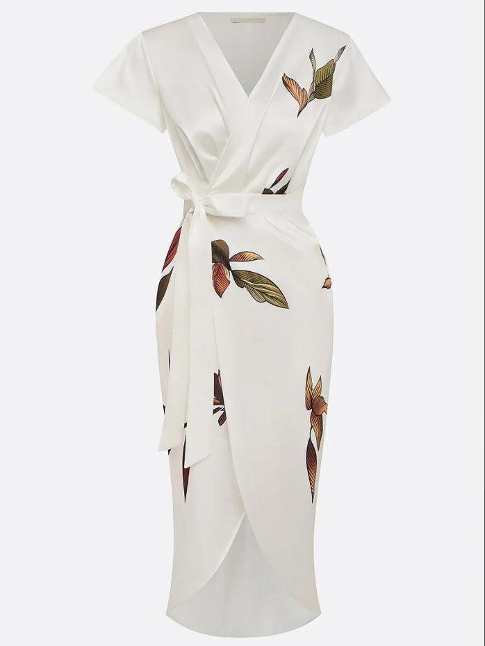 Abito Midi Avvolgente in Satin Bianco a Maniche Corte