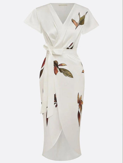 Abito Midi Avvolgente in Satin Bianco a Maniche Corte