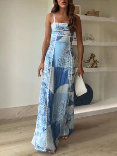 Abito Maxi Flare con Spalline in Pizzo e Stampa Patchwork