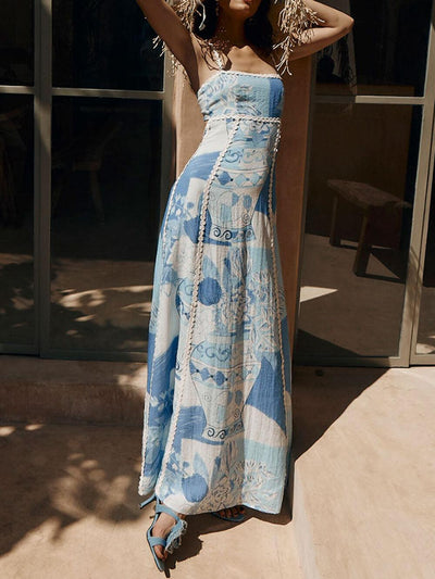 Abito Maxi Flare con Spalline in Pizzo e Stampa Patchwork