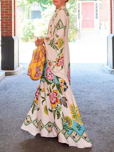 Sottile Abito Maxy Floreale con Motivo di Girasoli