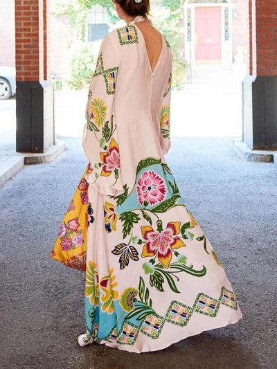Sottile Abito Maxy Floreale con Motivo di Girasoli