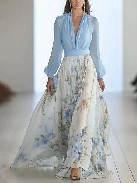 Meraviglioso Abito Maxy a V con Motivo Floreale
