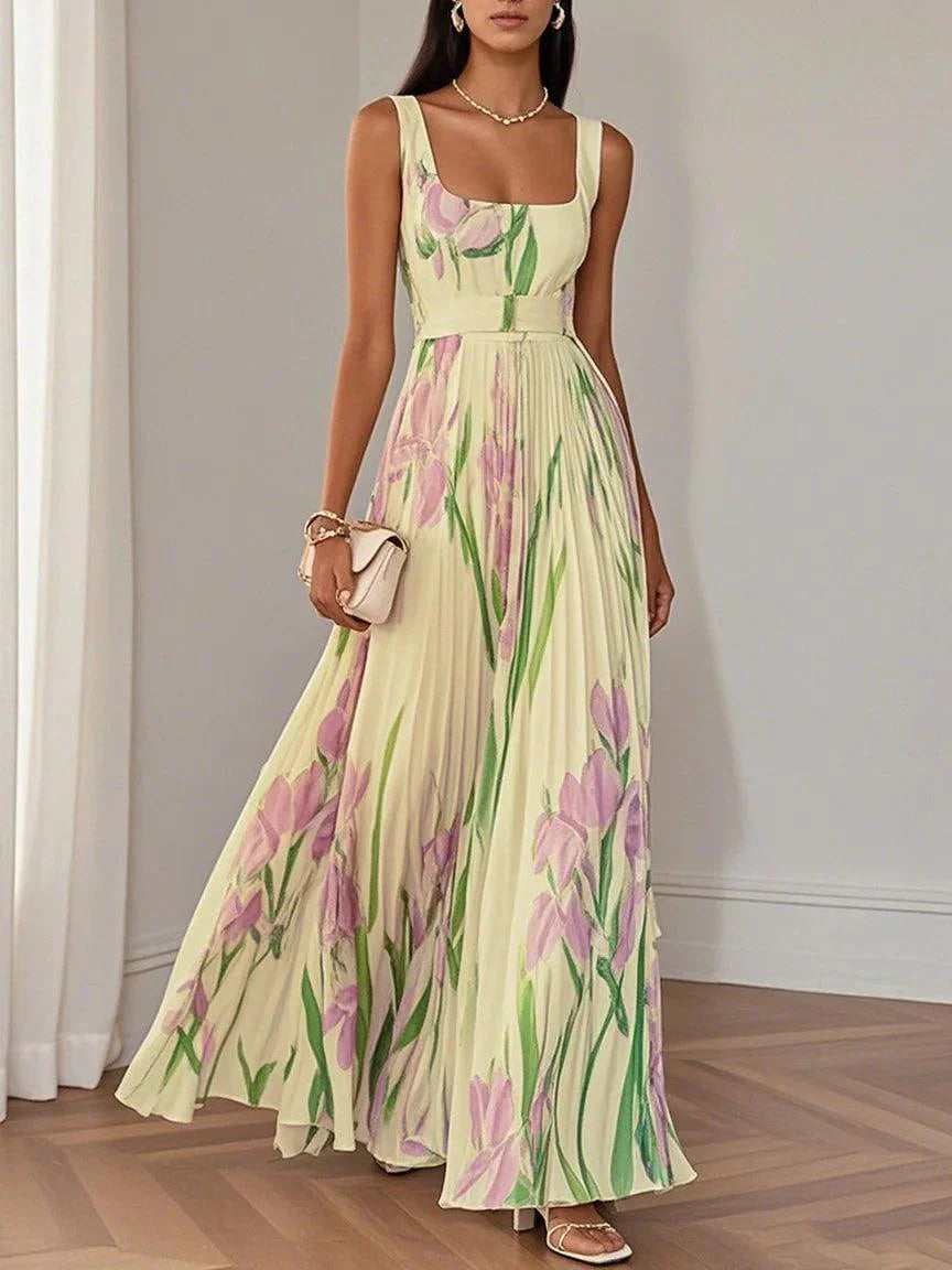 Abito maxì in chiffon plissettato floreale bianco con scollatura quadrata e senza maniche a linea A