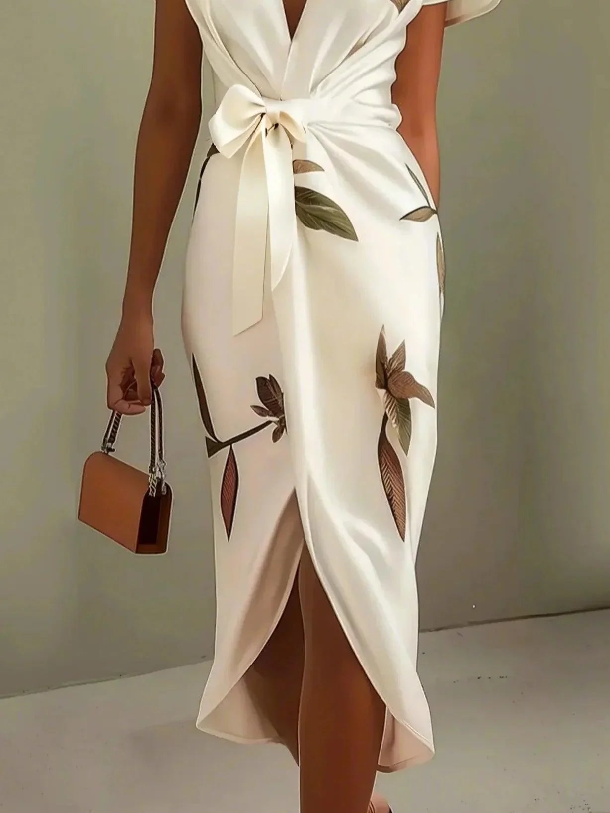 Abito Midi Avvolgente in Satin Bianco a Maniche Corte