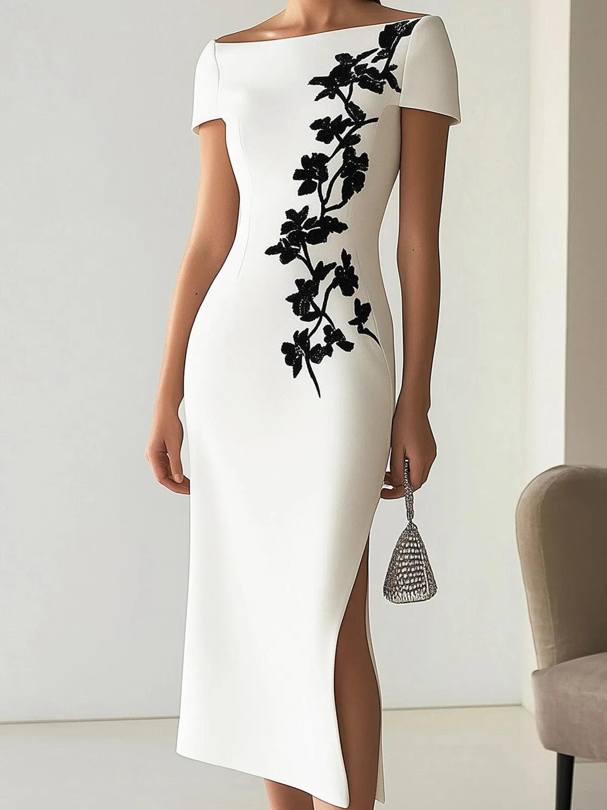 Elegante Abito Midi con Scollo a Barchetta e Stampa Floreale