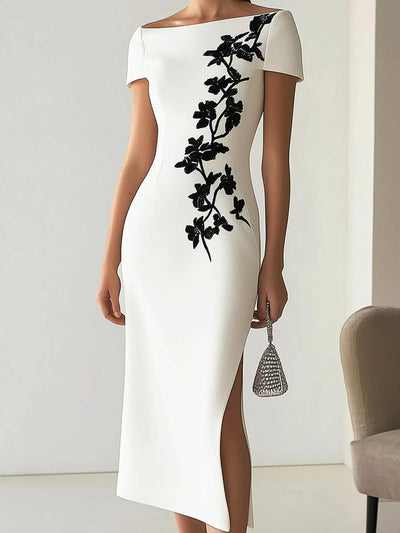 Elegante Abito Midi con Scollo a Barchetta e Stampa Floreale