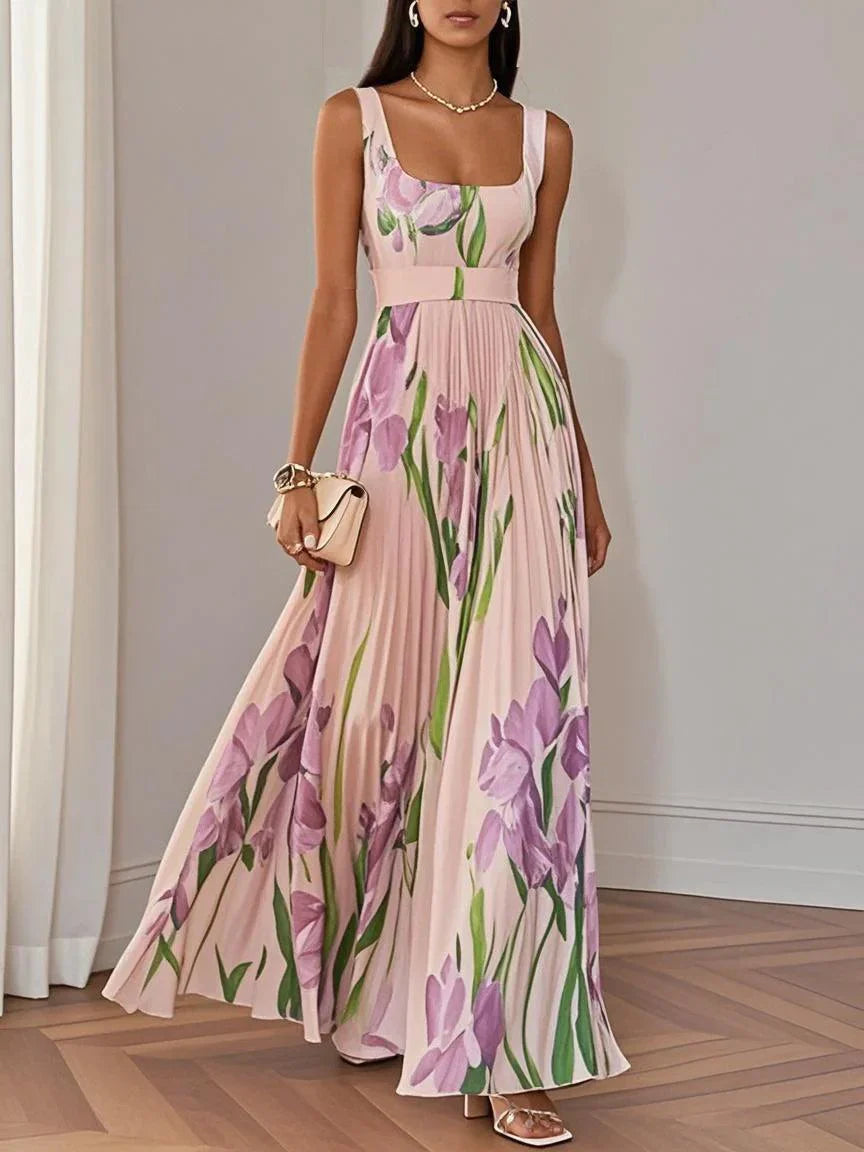 Abito maxì in chiffon plissettato floreale bianco con scollatura quadrata e senza maniche a linea A