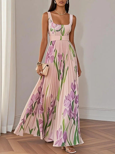 Abito maxì in chiffon plissettato floreale bianco con scollatura quadrata e senza maniche a linea A