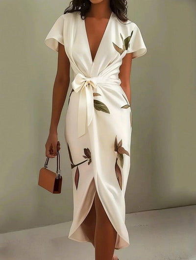 Abito Midi Avvolgente in Satin Bianco a Maniche Corte