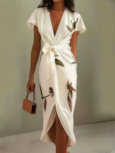 Abito Midi Avvolgente in Satin Bianco a Maniche Corte