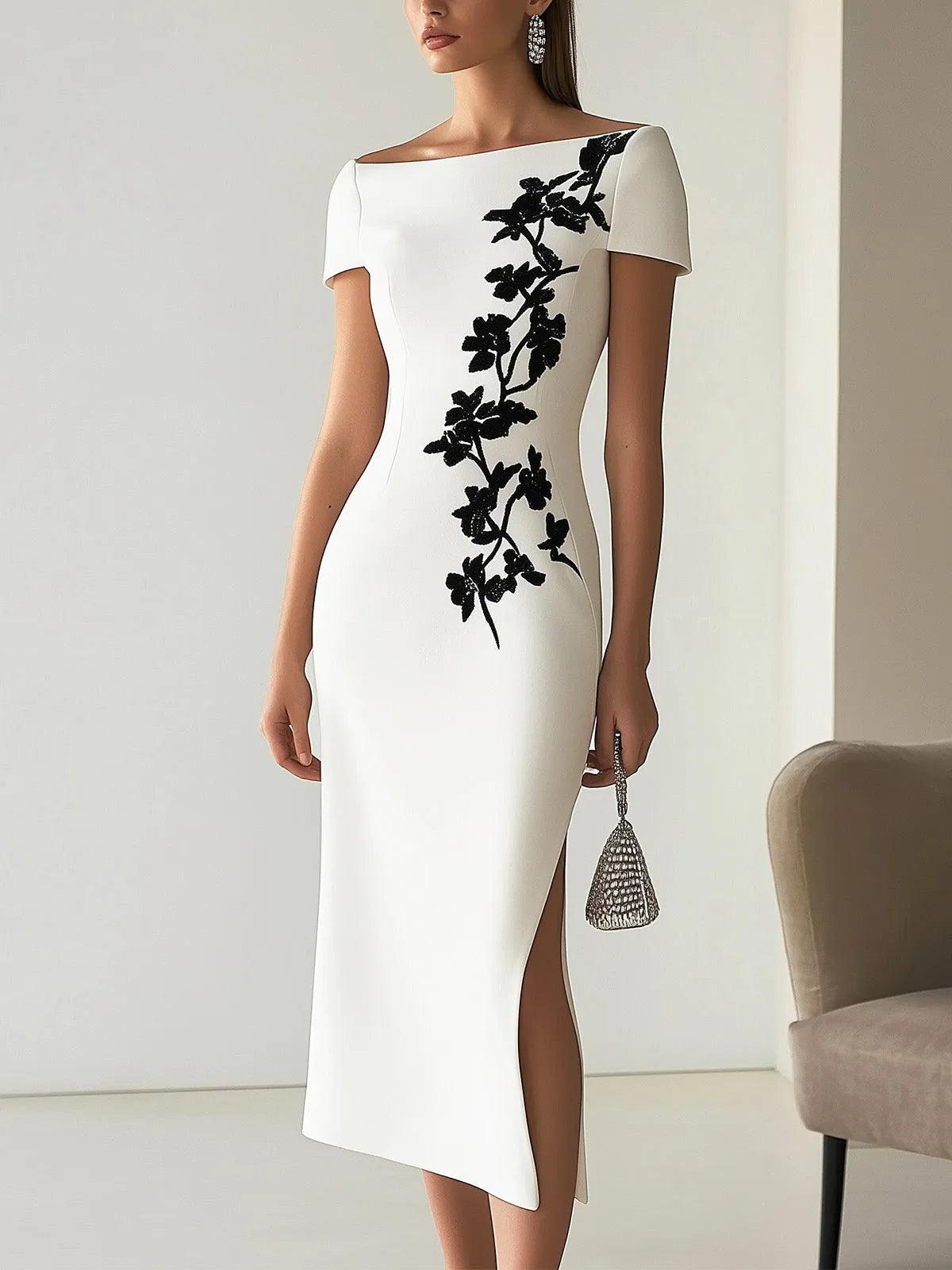Elegante Abito Midi con Scollo a Barchetta e Stampa Floreale