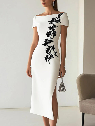 Elegante Abito Midi con Scollo a Barchetta e Stampa Floreale