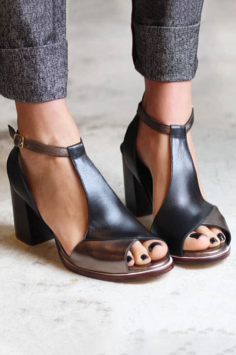 Anyao™ Sandali Eleganti con Tacco a Blocco e Punta Aperta in Patchwork Nero – Perfetti per Ogni Occasione