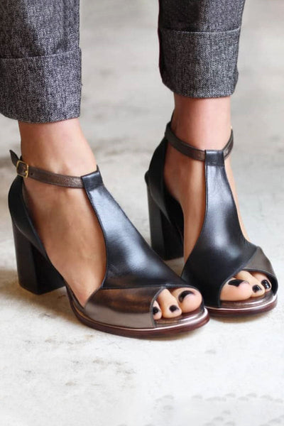 Anyao™ Sandali Eleganti con Tacco a Blocco e Punta Aperta in Patchwork Nero – Perfetti per Ogni Occasione