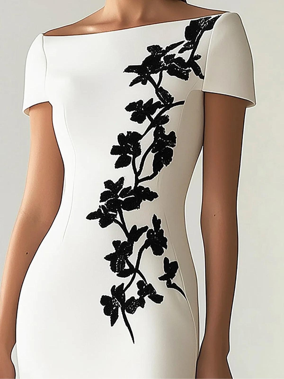 Elegante Abito Midi con Scollo a Barchetta e Stampa Floreale