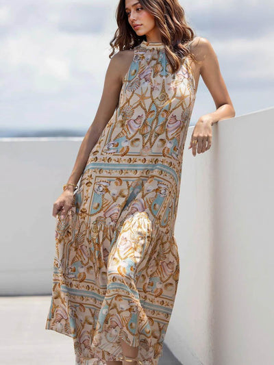 Sottile Maxidress in Satin con Stampa Tesoro Oceano