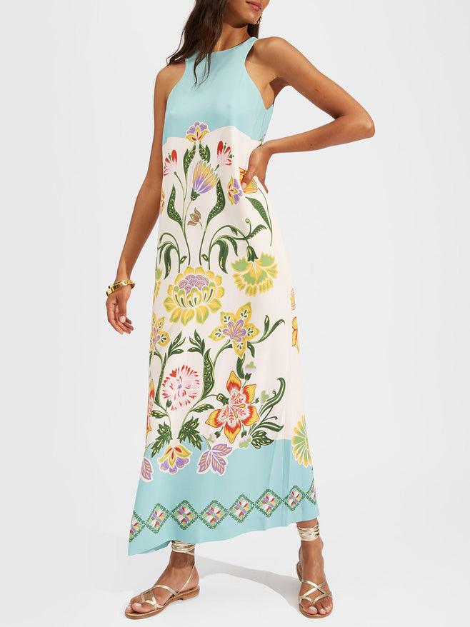 Elegante Abito Midi Senza Maniche con Motivo di Fiori e Raggi di Sole