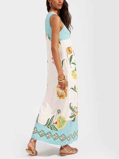 Elegante Abito Midi Senza Maniche con Motivo di Fiori e Raggi di Sole