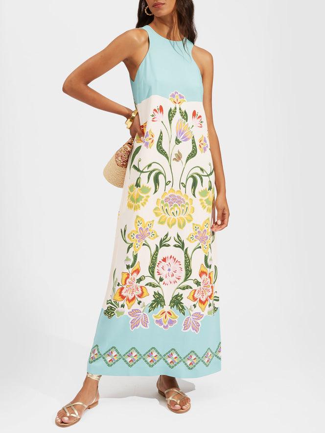 Elegante Abito Midi Senza Maniche con Motivo di Fiori e Raggi di Sole