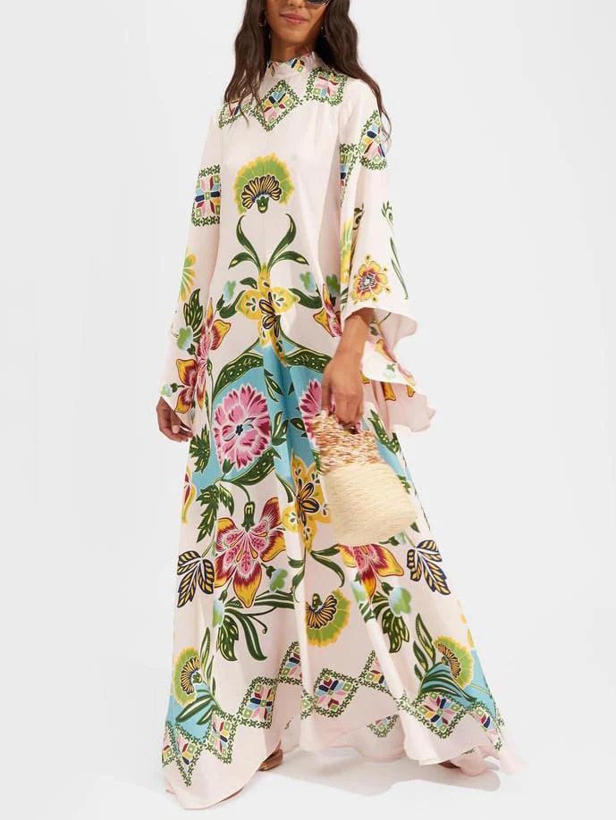 Sottile Abito Maxy Floreale con Motivo di Girasoli