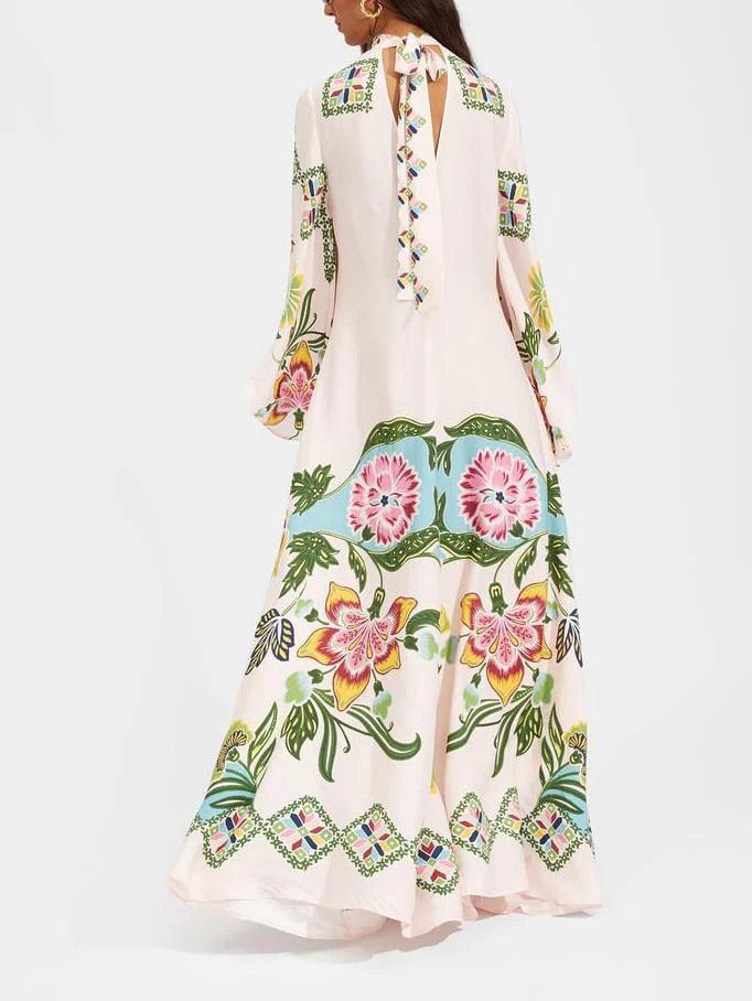 Sottile Abito Maxy Floreale con Motivo di Girasoli