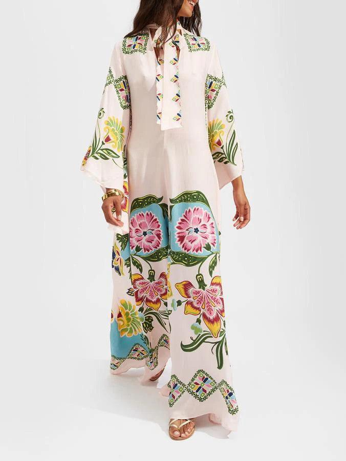 Sottile Abito Maxy Floreale con Motivo di Girasoli