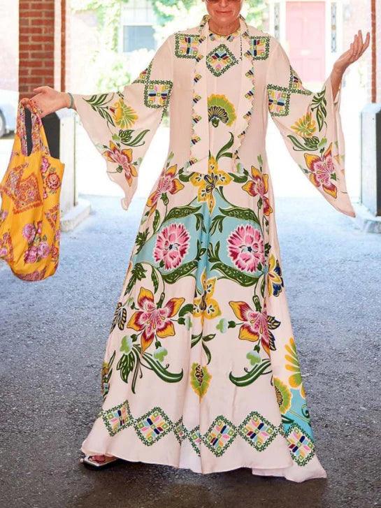 Sottile Abito Maxy Floreale con Motivo di Girasoli