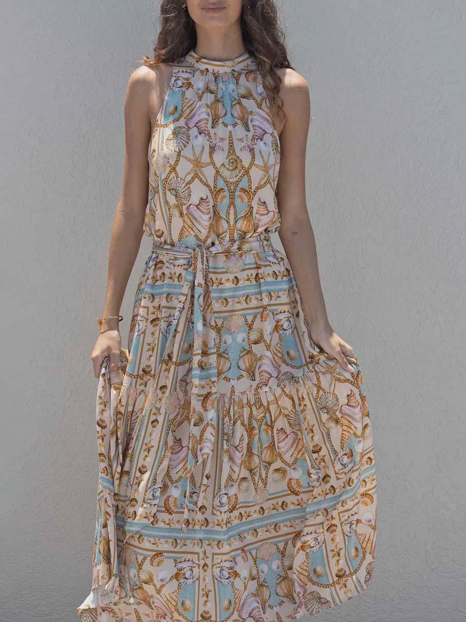 Sottile Maxidress in Satin con Stampa Tesoro Oceano