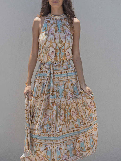Sottile Maxidress in Satin con Stampa Tesoro Oceano