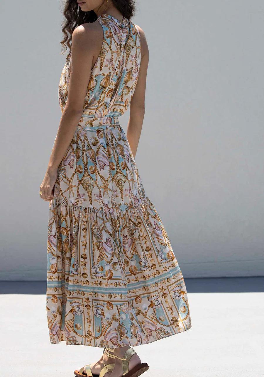 Sottile Maxidress in Satin con Stampa Tesoro Oceano