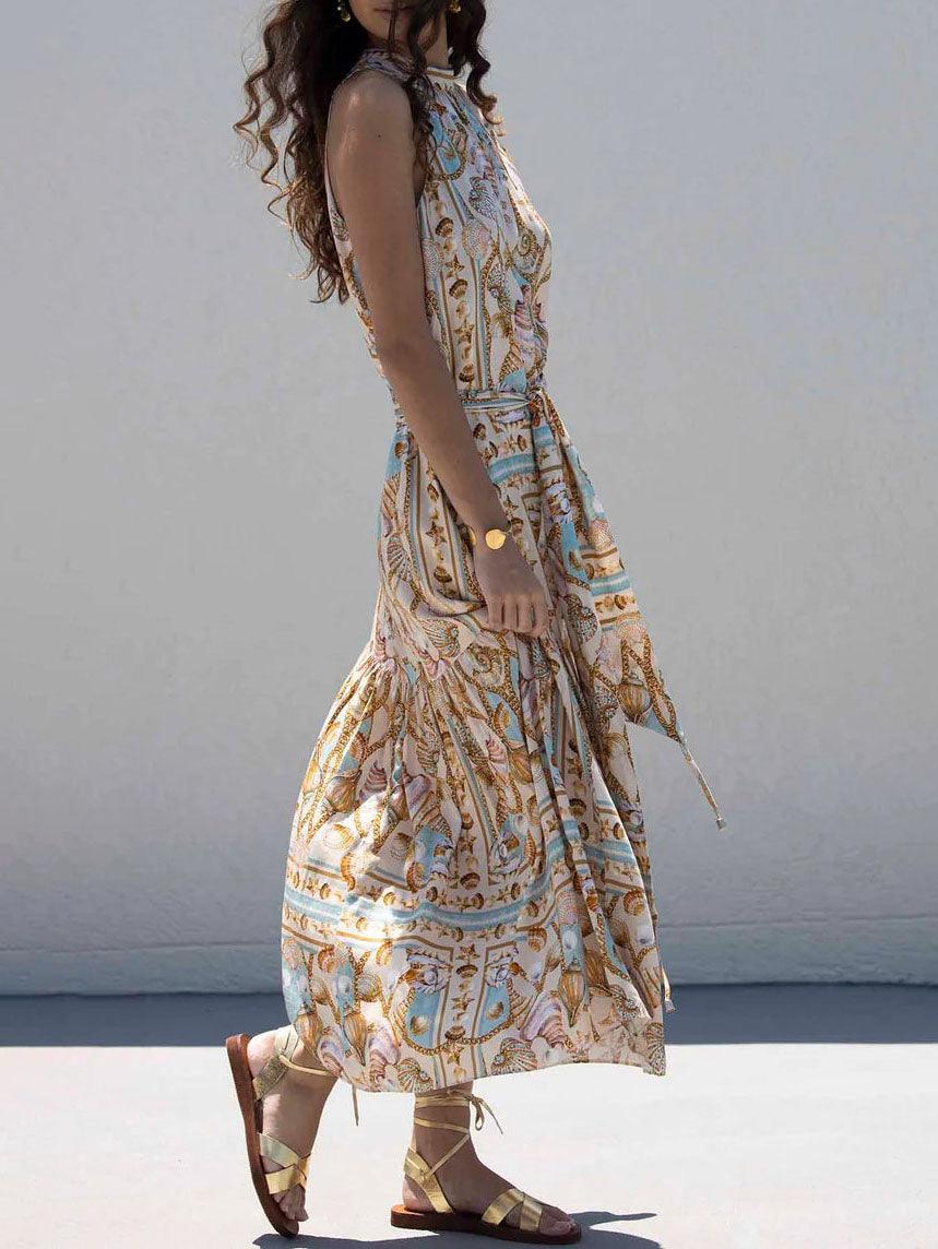 Sottile Maxidress in Satin con Stampa Tesoro Oceano
