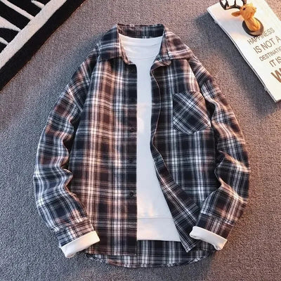 Bram - Primavera Autunno Motivo a Quadri Camicia Lunga Manica Collo Uomini