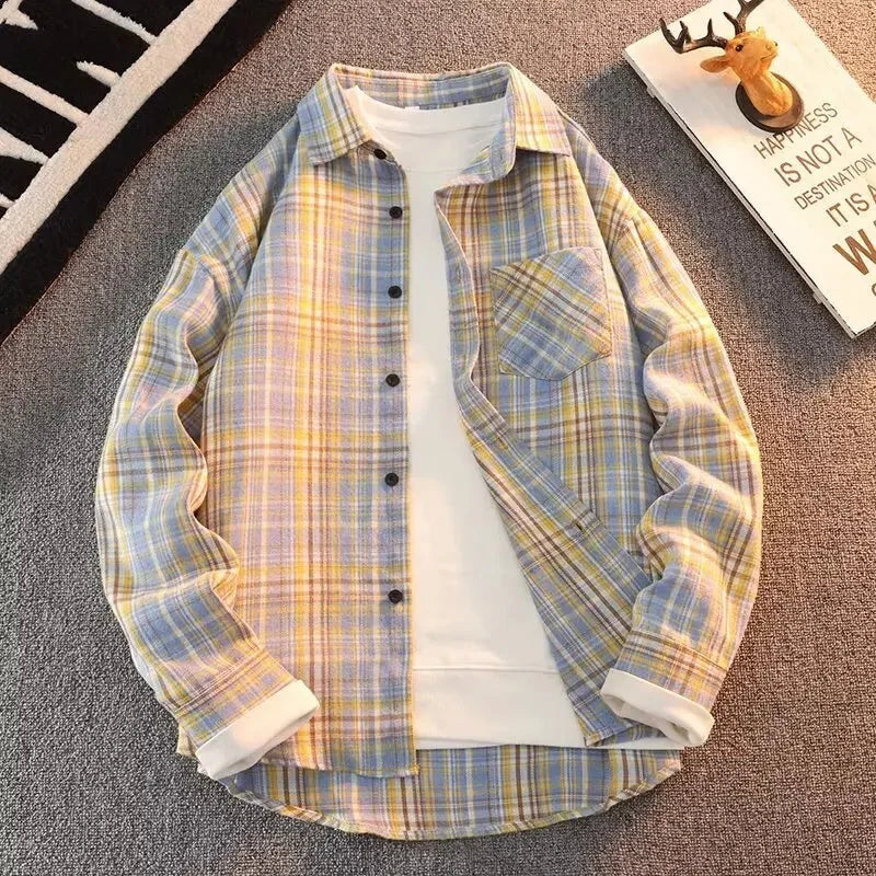 Bram - Primavera Autunno Motivo a Quadri Camicia Lunga Manica Collo Uomini