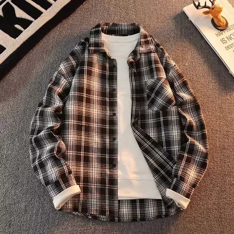 Bram - Primavera Autunno Motivo a Quadri Camicia Lunga Manica Collo Uomini