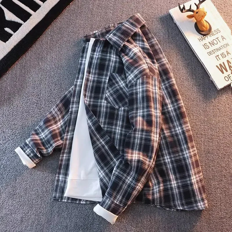 Bram - Primavera Autunno Motivo a Quadri Camicia Lunga Manica Collo Uomini