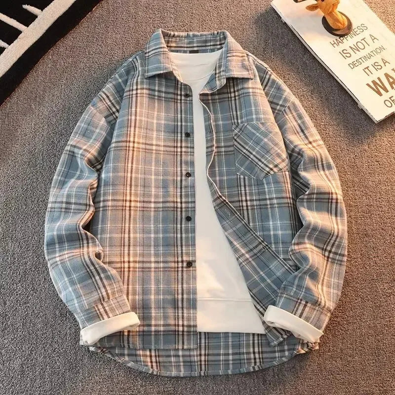 Bram - Primavera Autunno Motivo a Quadri Camicia Lunga Manica Collo Uomini