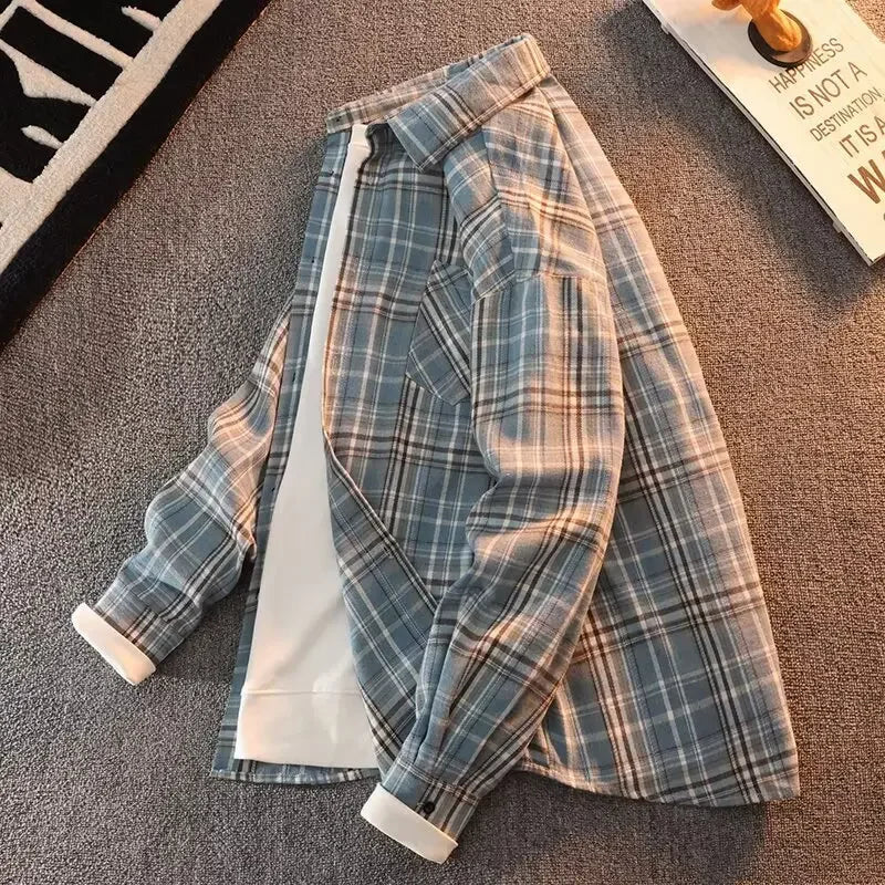 Bram - Primavera Autunno Motivo a Quadri Camicia Lunga Manica Collo Uomini
