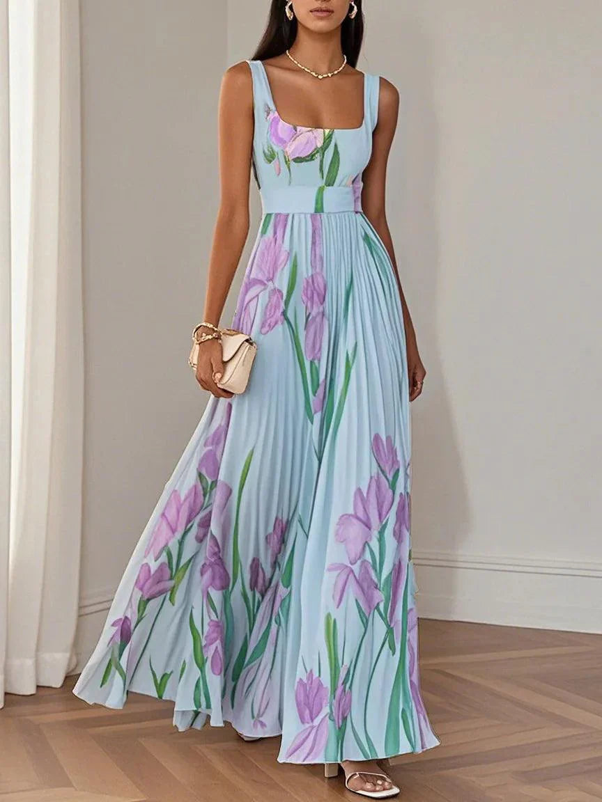 Abito maxì in chiffon plissettato floreale bianco con scollatura quadrata e senza maniche a linea A
