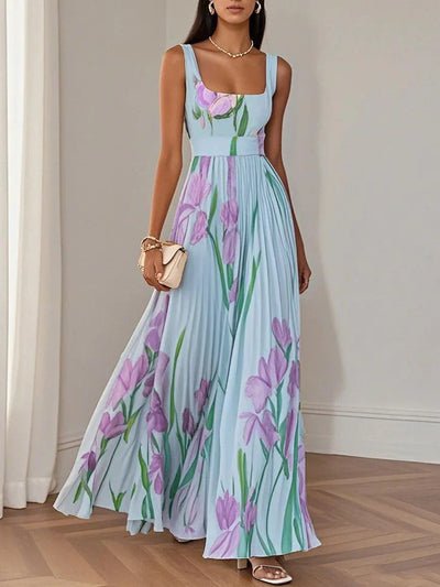 Abito maxì in chiffon plissettato floreale bianco con scollatura quadrata e senza maniche a linea A